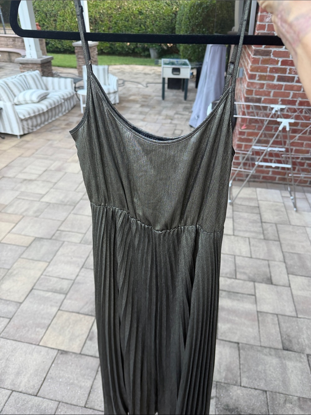 AllSaints Metallic Olive Green Strapless Pleated Slip Dress